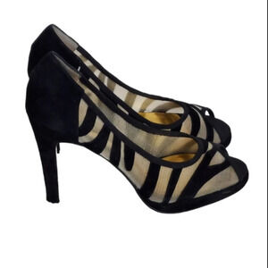 Beverly Feldman Honey2 Black Suede and‎ Mesh Peep Toe Heel